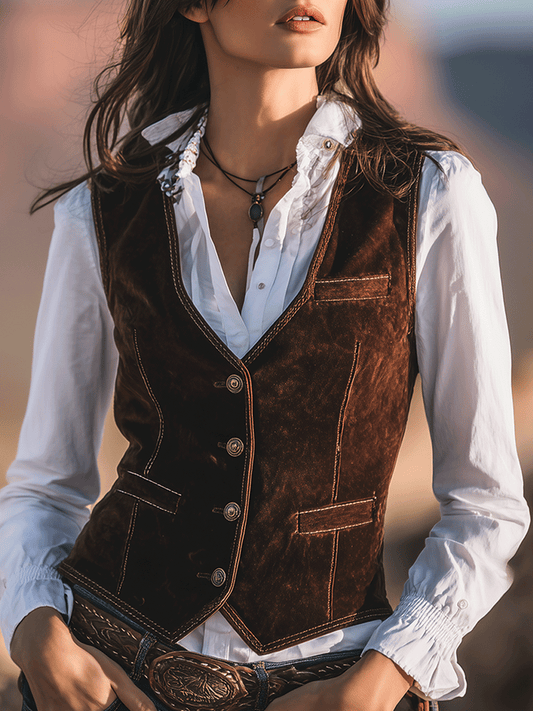 Country Western Cowboy Brown Slim Fit Faux Suede Vest
