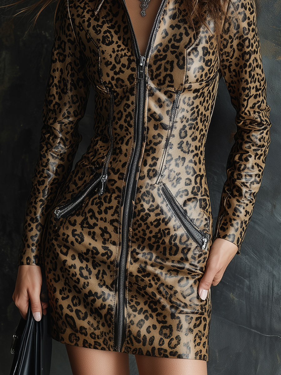 Retro Leopard Print Eco-friendly Leather Slim Mini Dress