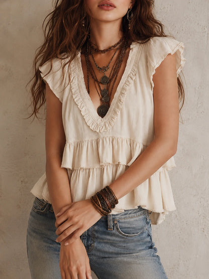 Bohemian Cotton And Linen Blouse With Ruffled Details