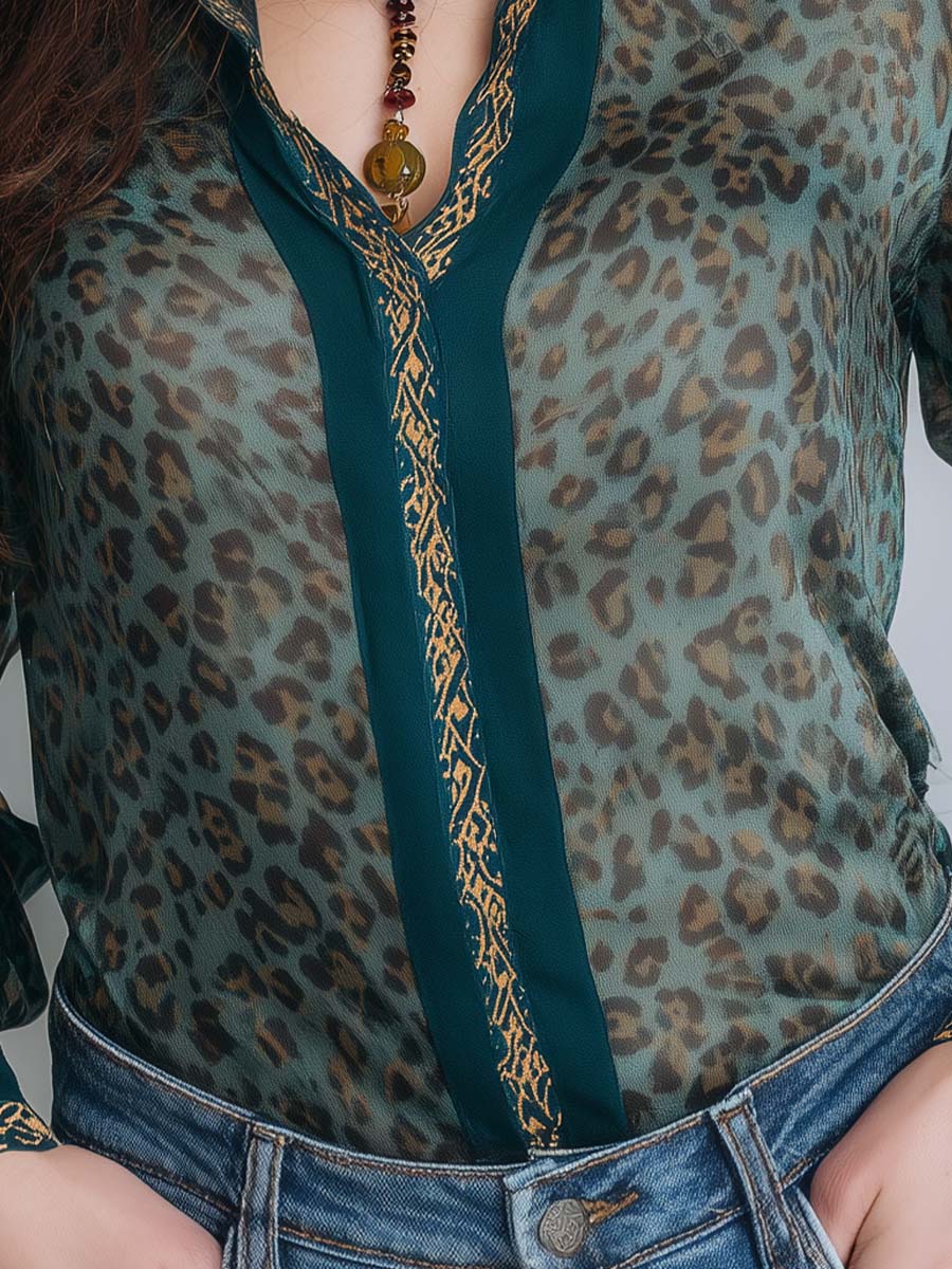 Boho Animal Print Vintage Green Chiffon Shirt