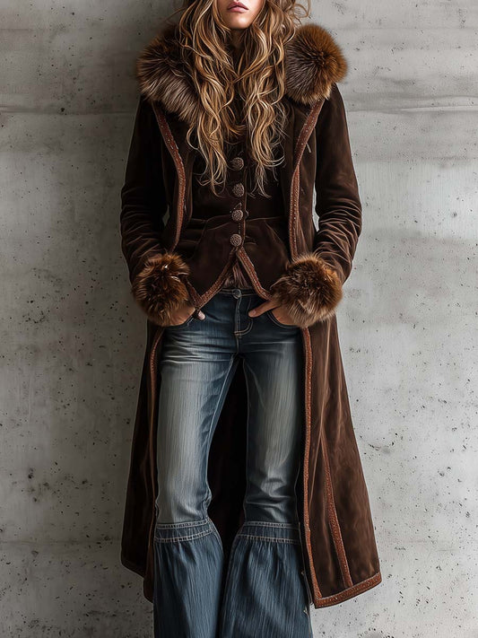 Brown Microfiber Suede Maxi Coat With Faux Fur Trim