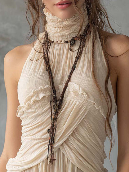 Bohemian Ruched Turtleneck Halter Draped Chiffon Top