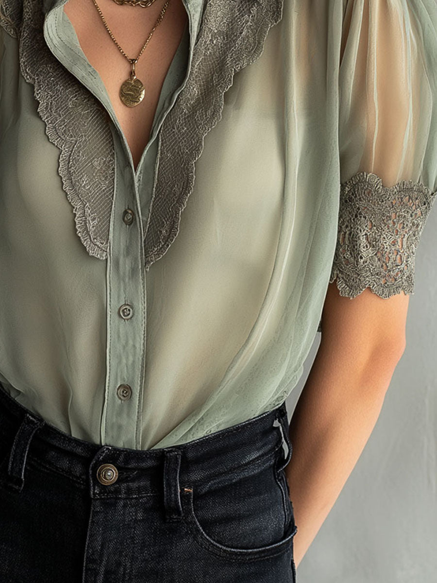 Vintage Sage Green Short Sleeve Sheer Lace Blouse