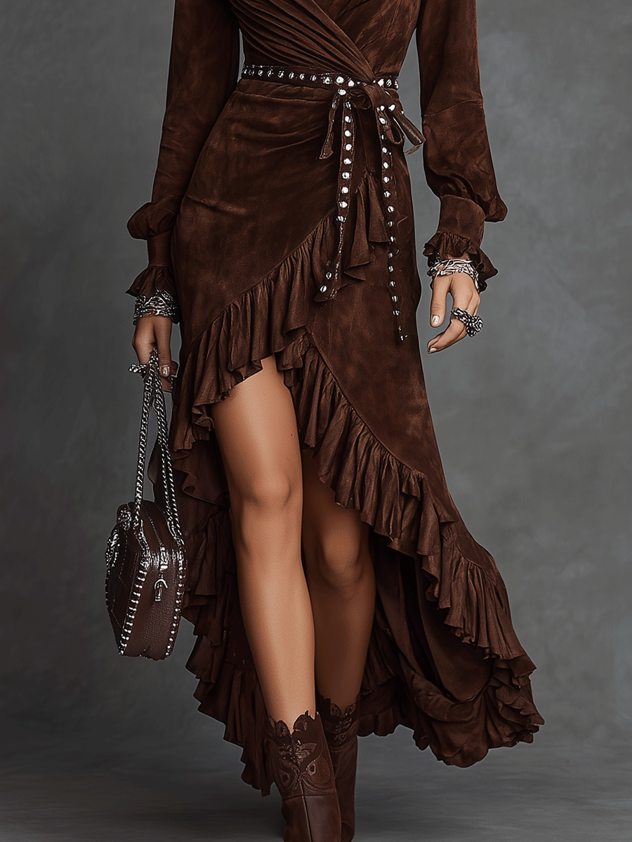 Vintage Brown Suede Ruffled Wrap Maxi Dress