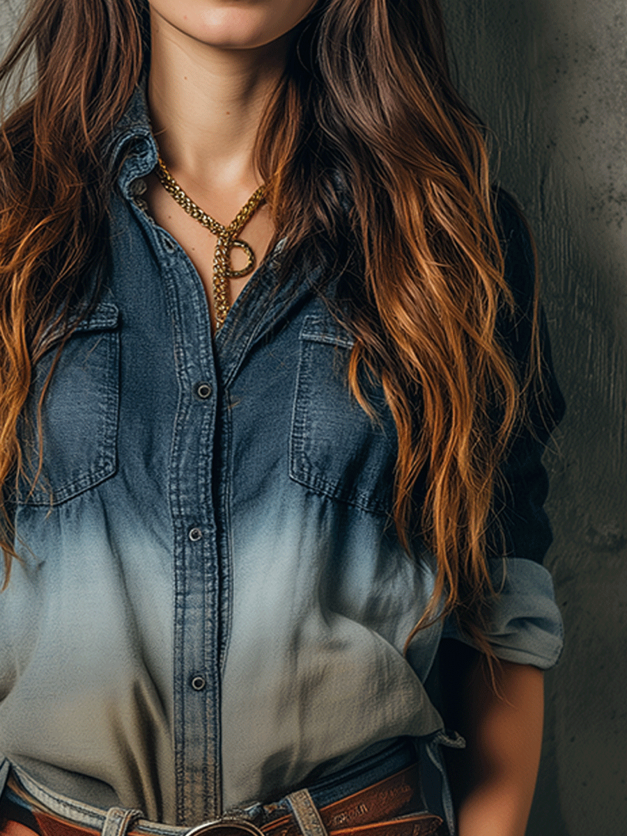 Vintage Western Style Gradient Washed Denim Shirt