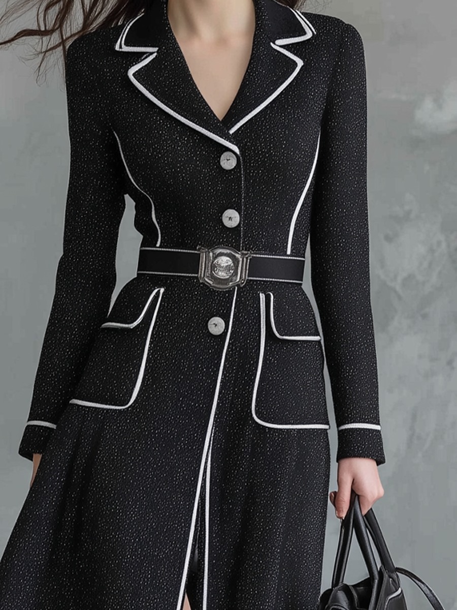 Retro Lapel Contrast Trim Knitted Midi Dress