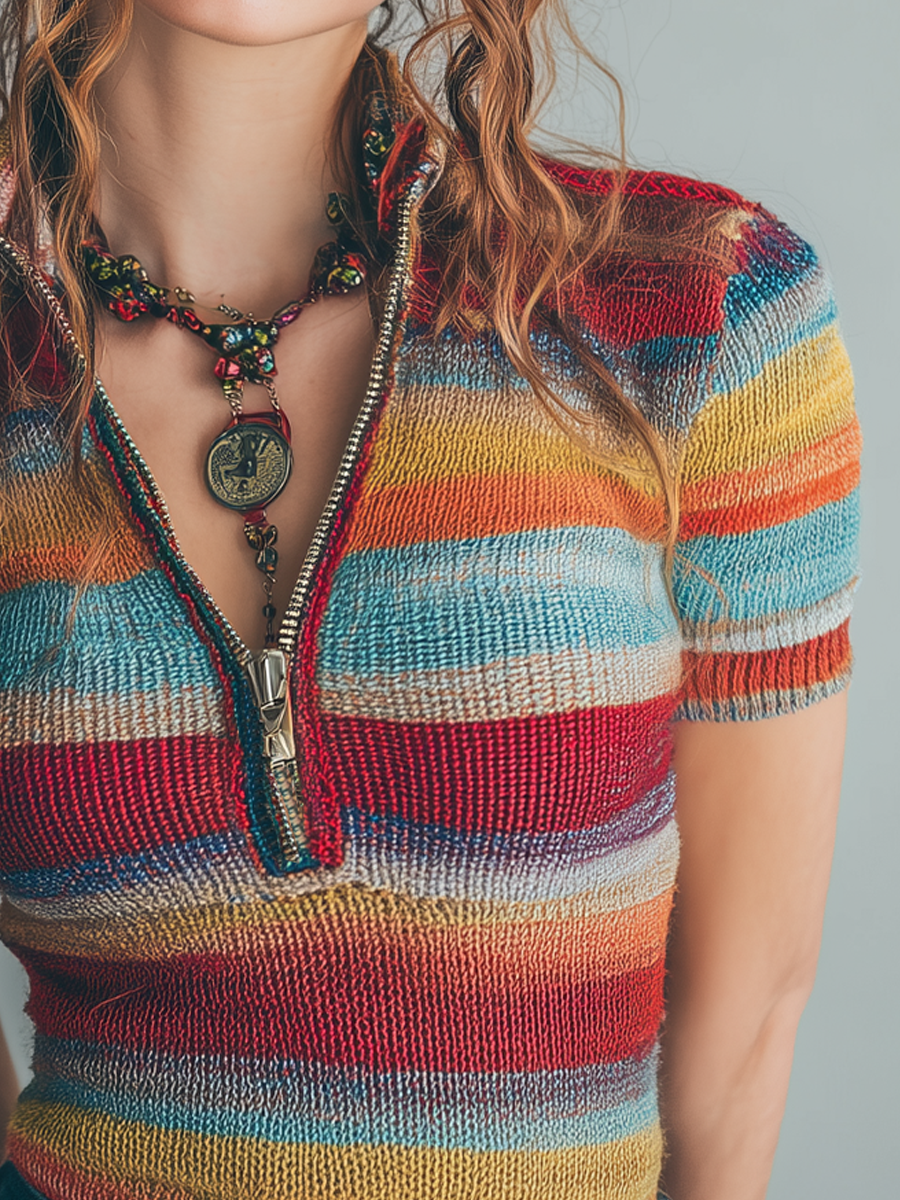 Retro Zipper Collar Colorful Striped Short Sleeve Knitted Blouse
