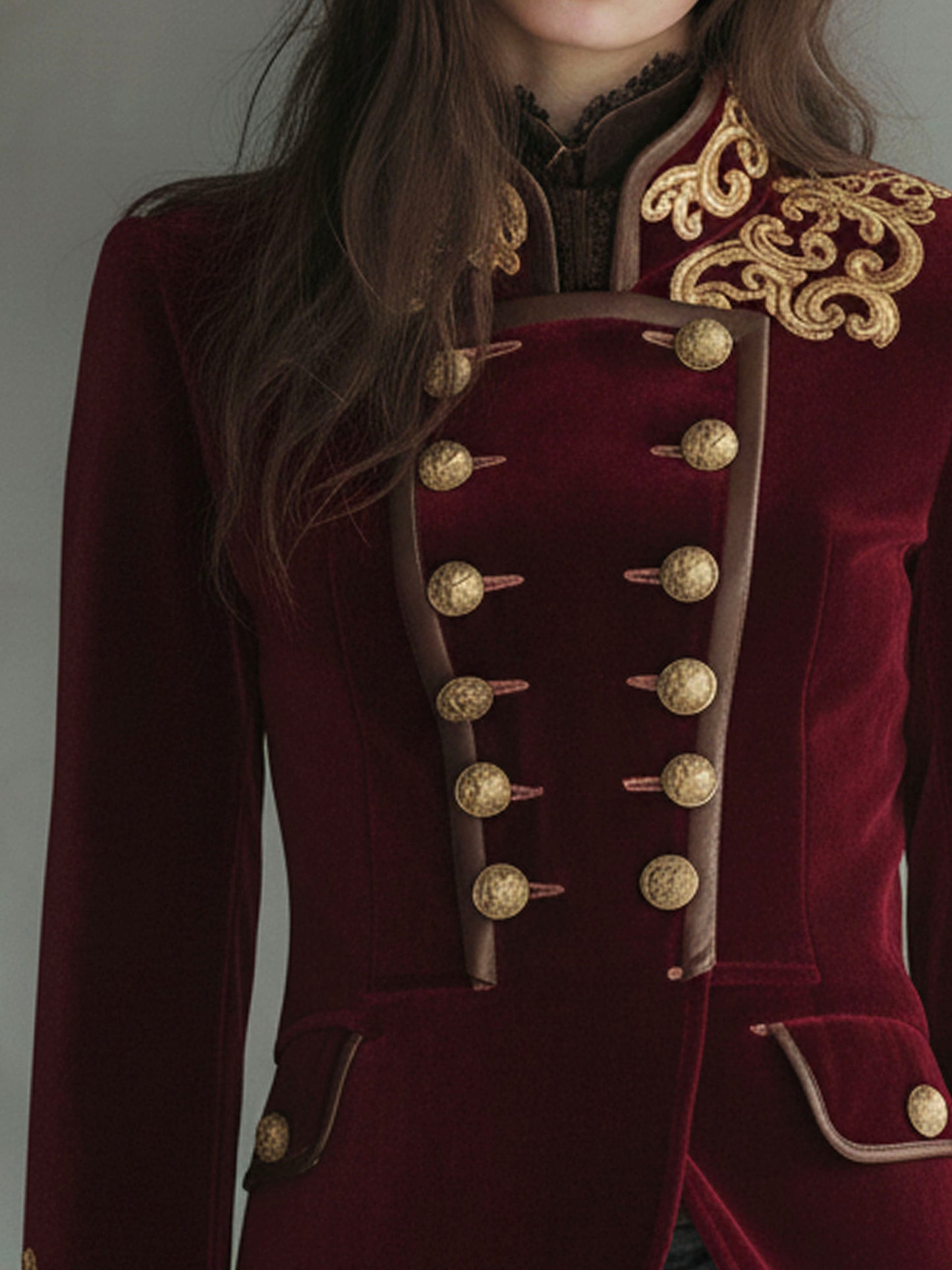 Retro Burgundy Embroidered Military Blazer With Brown Trim