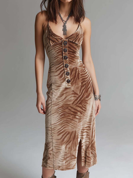 Khaki Zebra Print Slim Fit Slit Hem Dress