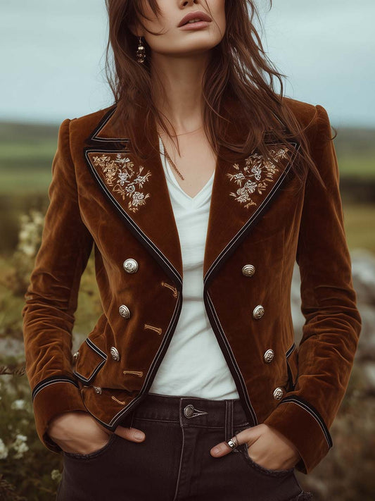 Caramel Velvet Embroidered Lapel Double-Breasted Jacket