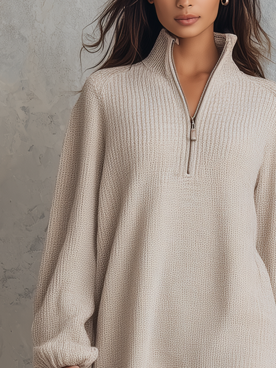 Zipper Collar Lace Hem Knitted Mini Dress