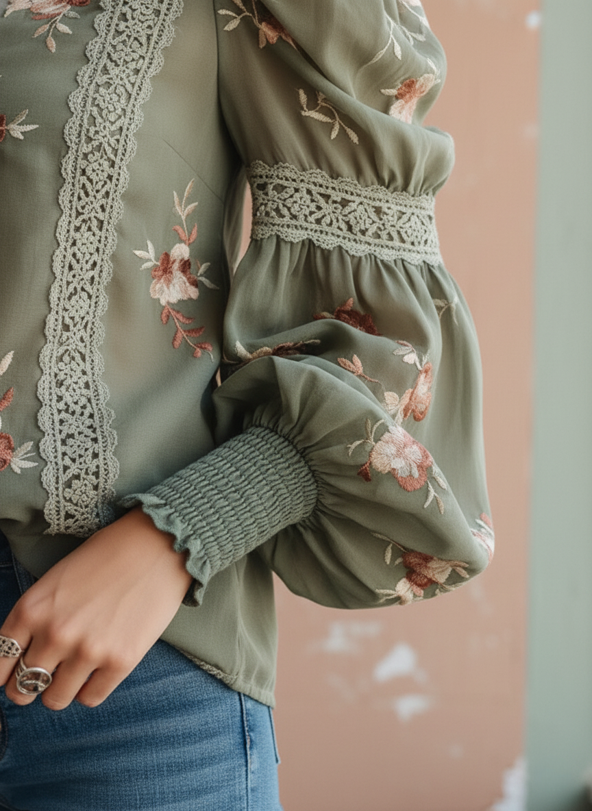 The Embroidered Sage Puff-Sleeve Blouse