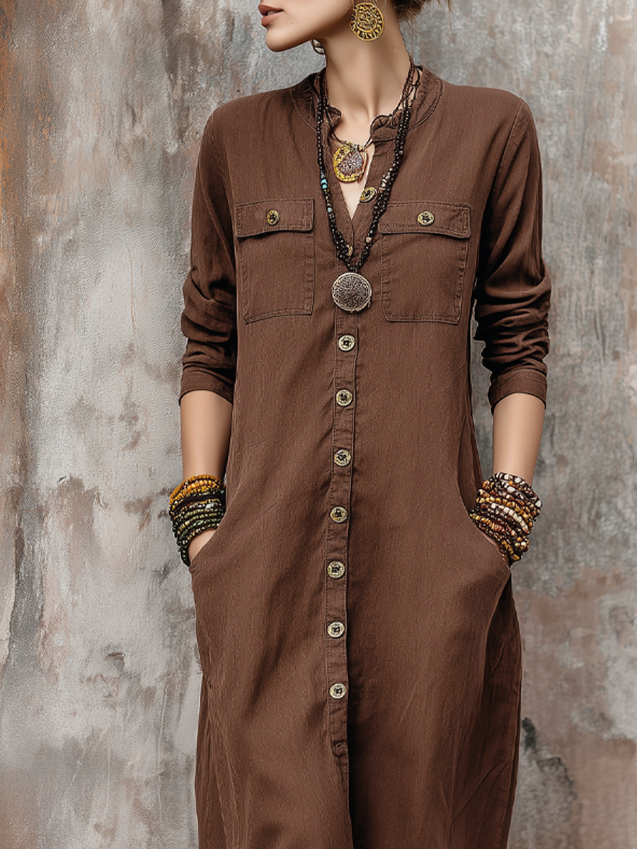 Vintage Distressed Pocket Long-sleeved Shirt Dress