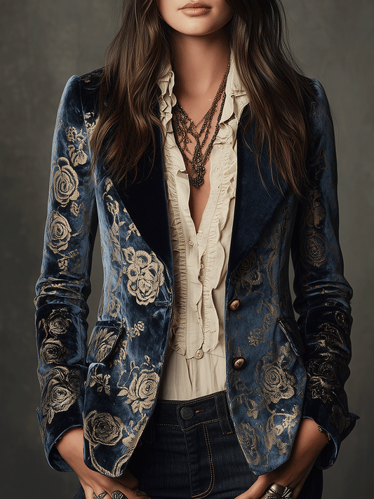 Baroque-Inspired Navy Velvet Floral Blazer