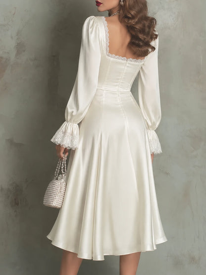 Vintage Lace Trim Polyester Satin Midi Dress