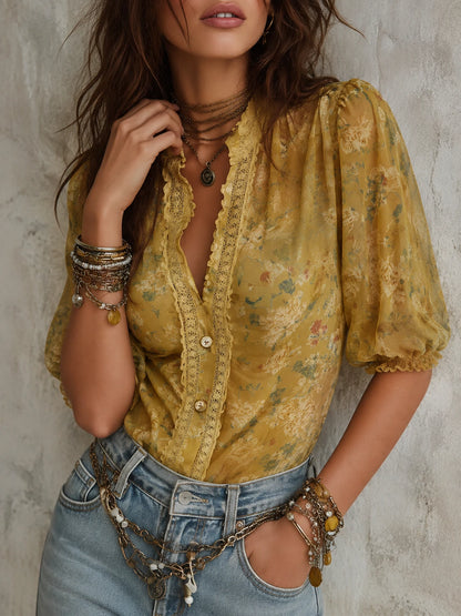Bohemian Floral Print Chiffon Blouse With Lace Trim