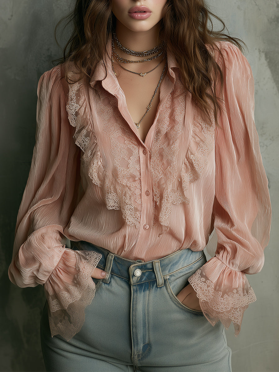 Quietly Luxurious Pleated Chiffon Lace Trumpet Sleeves Blouse