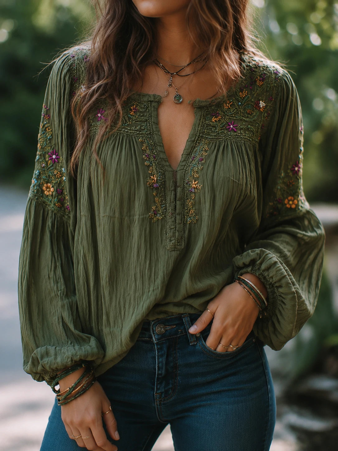 Bohe Floral Embroidered Cotton Olive Green Shirt