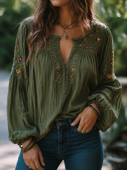 Bohe Floral Embroidered Cotton Olive Green Shirt