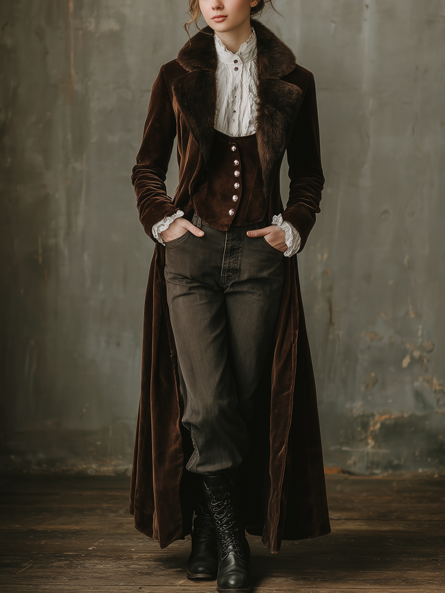 Retro Faux Fur Collar Velvet Long Coat