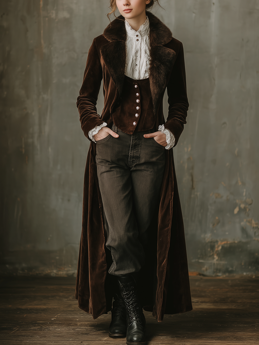 Retro Faux Fur Collar Velvet Long Coat