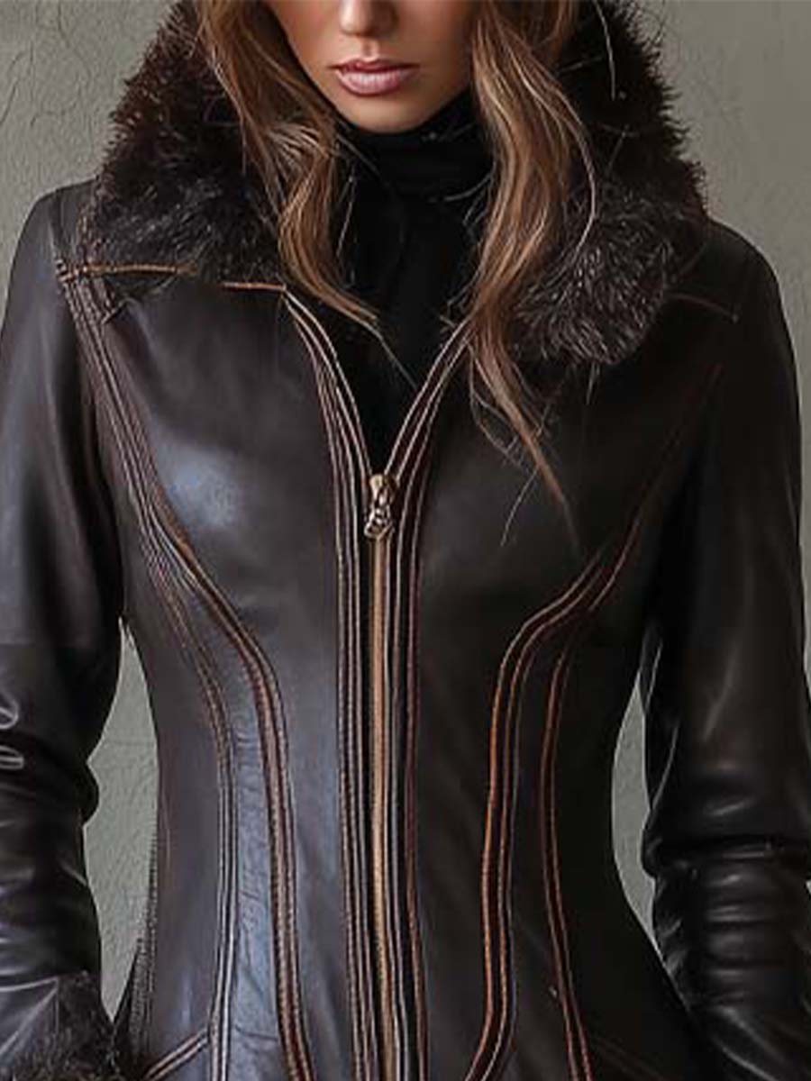 Vintage Brown Eco-Leather Maxi Coat With Fur Trim – Quiet Luxury Toscana Edition