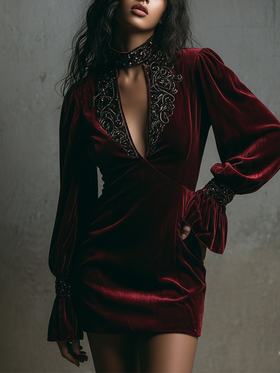 Quiet Luxury Embroidered Keyhole Collar Polyester Velvet Mini Dress