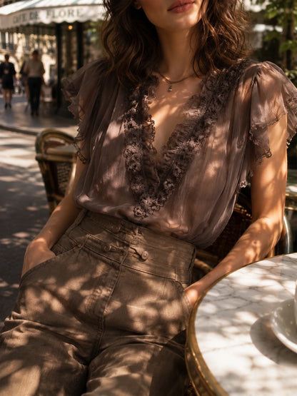 Mocha Brown Crinkled Chiffon Lace-Trimmed Flutter Sleeve Blouse