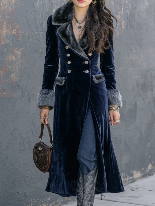 Retro Eco-friendly Fur Collar Velvet Coat