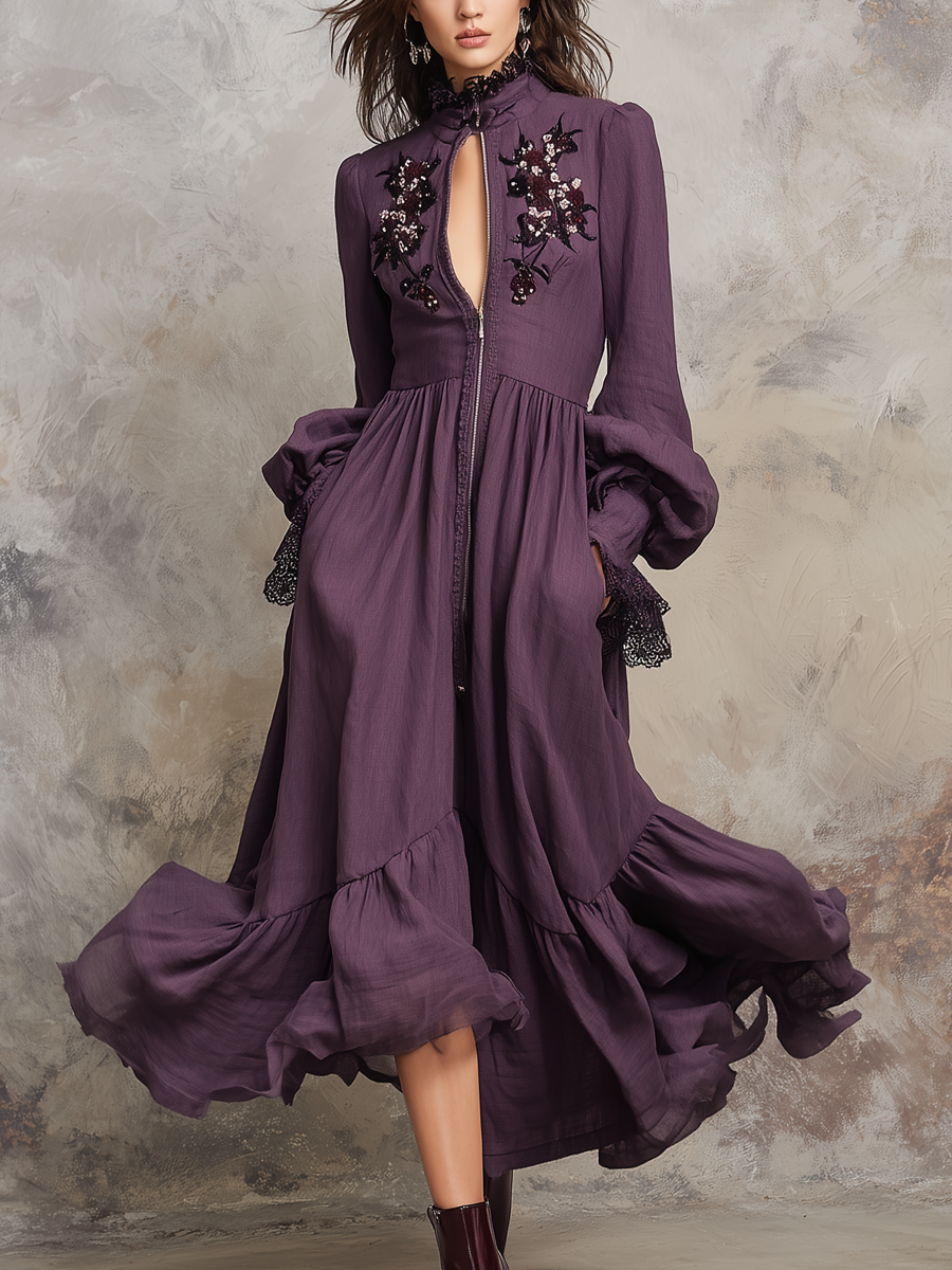 Retro Floral Embroidery Zipper Neck Midi Dress