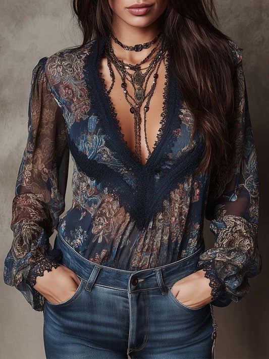 Boho Vintage Floral Blouse Sheer Lace Shirt
