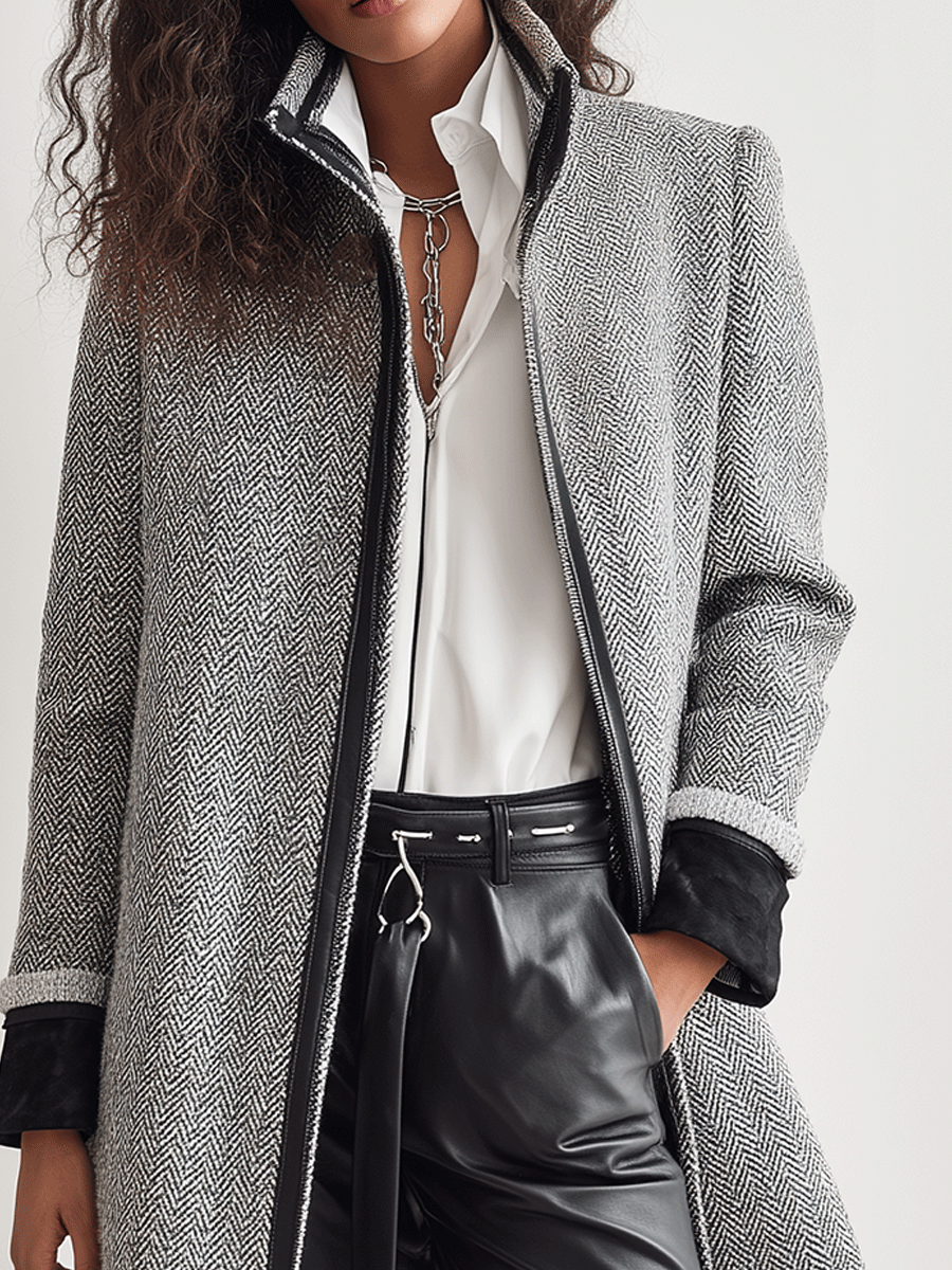 Stylish Grey Herringbone Plaid Winter Minimalist Coat