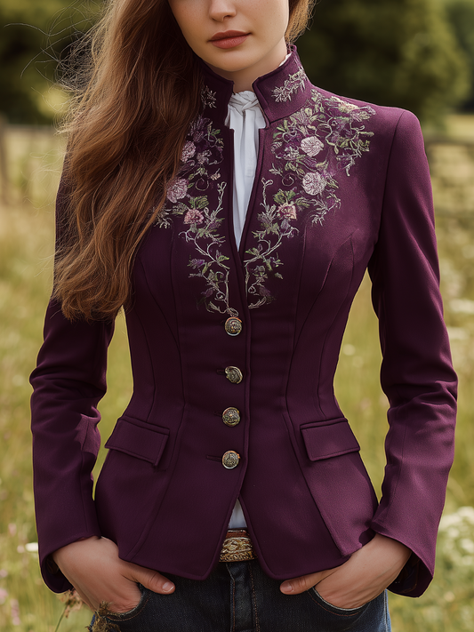 Vintage Stand Collar Embroidered Button Jacket
