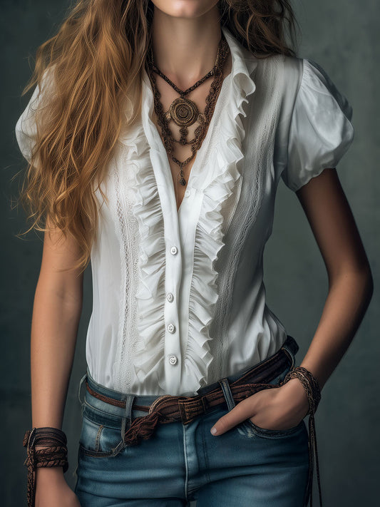 Vintage White Lace Trim Ruffled Button-Down Blouse