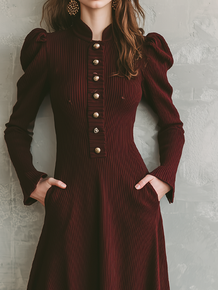 Vintage Metal Button Knitted Midi Dress