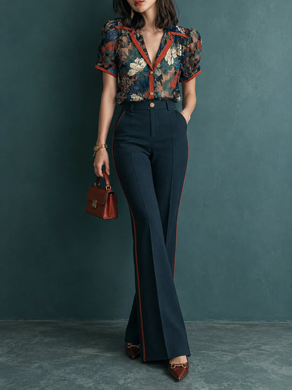 Contrast-Piped Flared Trousers