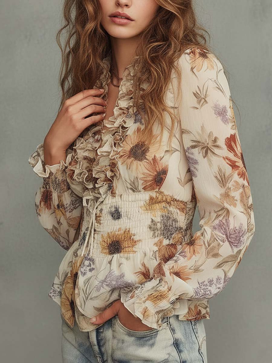 Vintage Floral Chiffon Ruffle Blouse