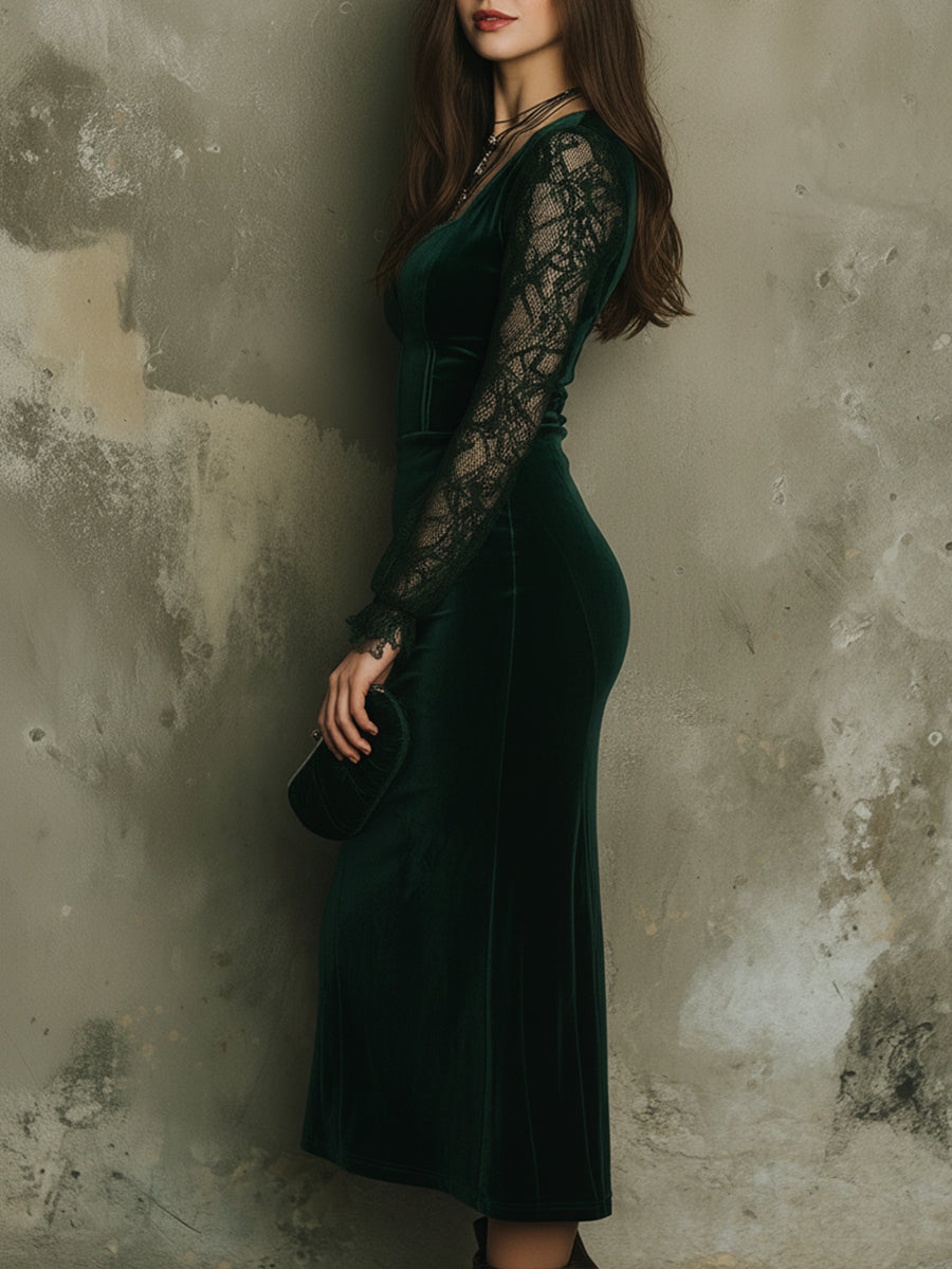 Quiet Luxury Velvet Lace Splicing Tight Midi Dress