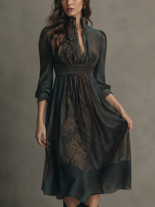 Deep Teal Botanical Split-Neck Midi Dress