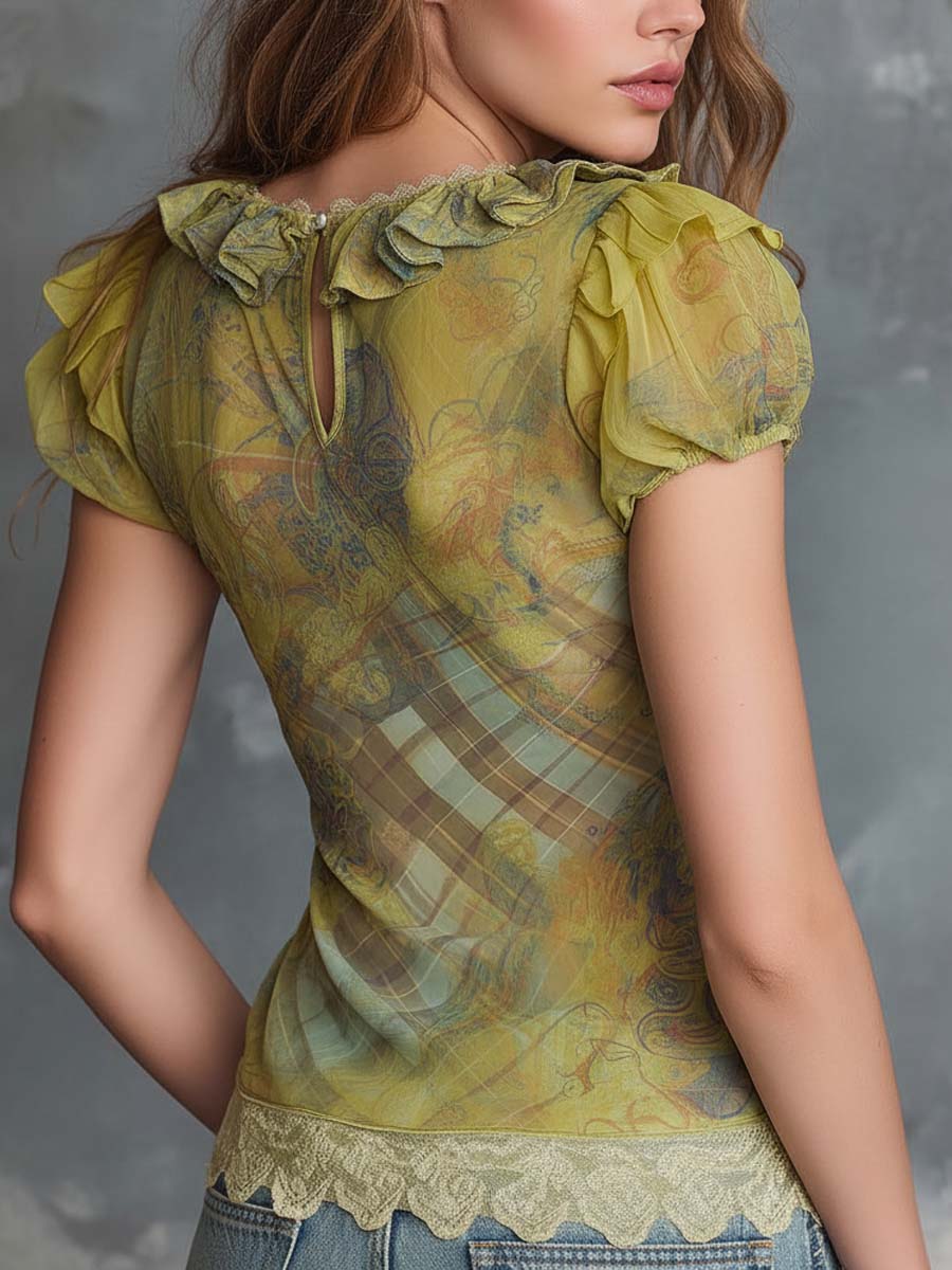 Boho Vintage Ruffled Zip-Front Sheer Top In Soft Moss Green