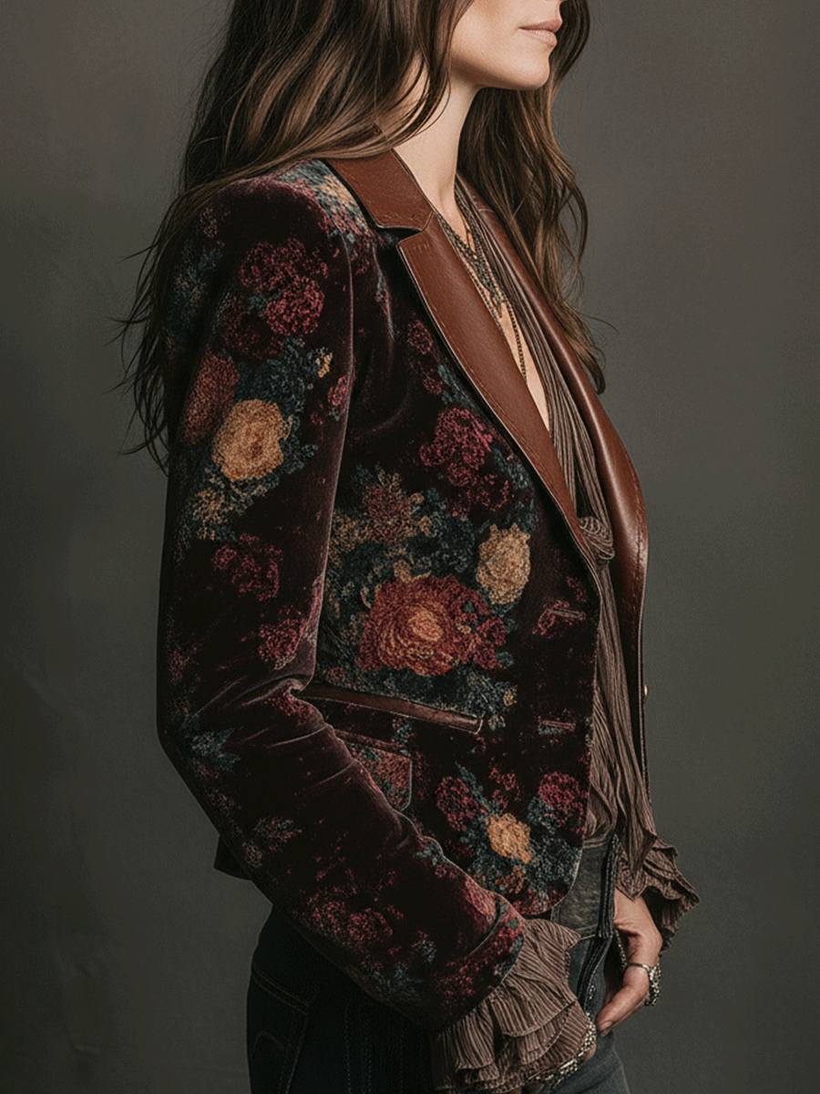 Vintage Burgundy Floral Velvet Contrast Lapel Blazer