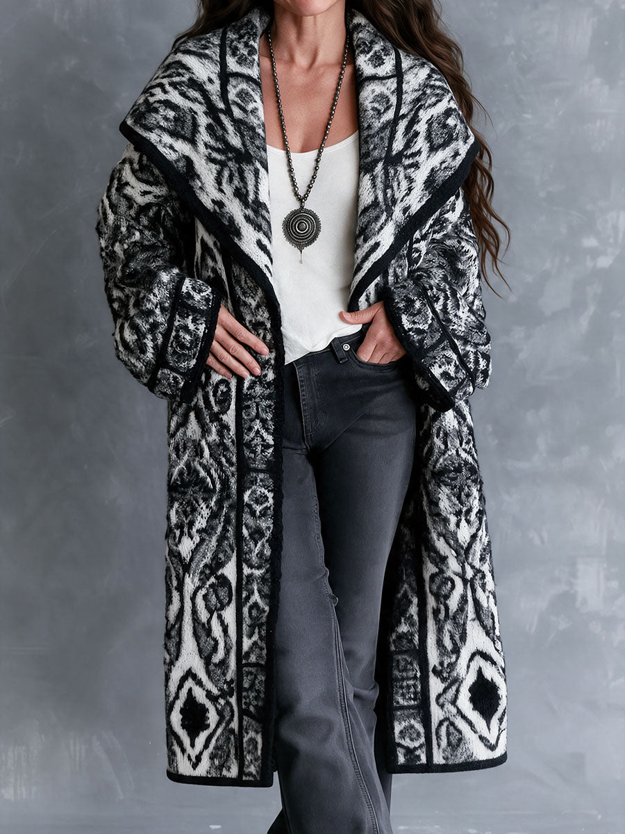 Vintage Black White Nomadic Tribal Knit Maxi Coat With Wide Shawl Collar
