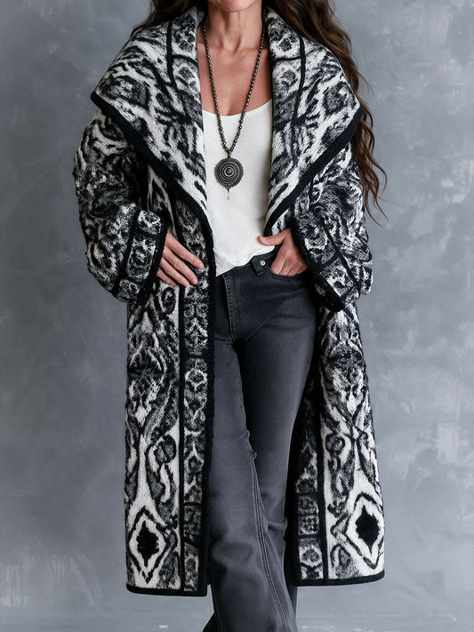Vintage Black White Nomadic Tribal Knit Maxi Coat With Wide Shawl Collar