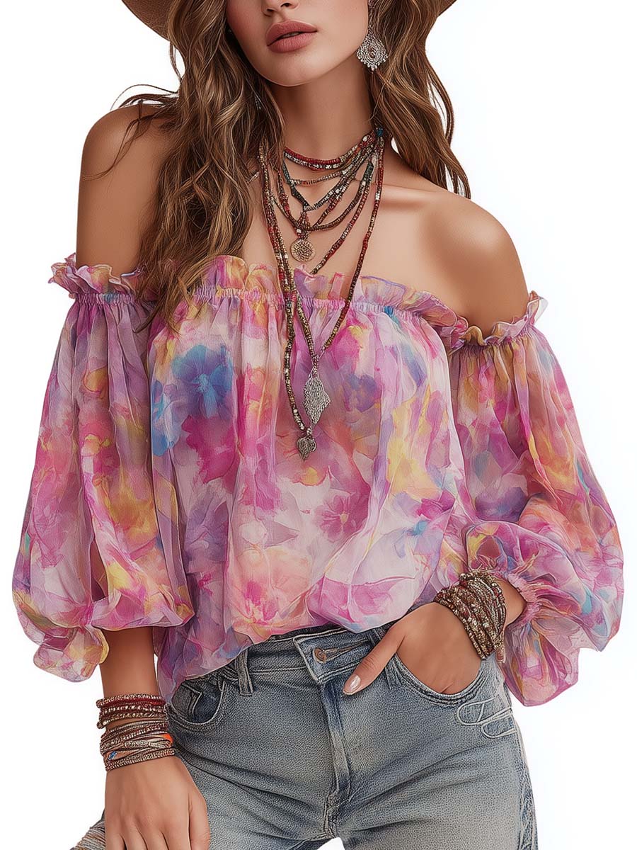 Romantic Bohemian Off-Shoulder Floral Blouse