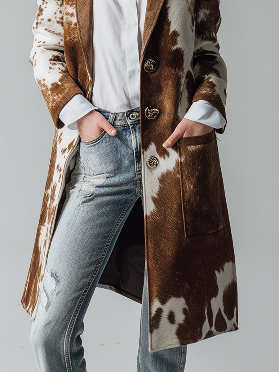 Vintage Cow Skin Printed Eco-friendly Suede Long Jacket