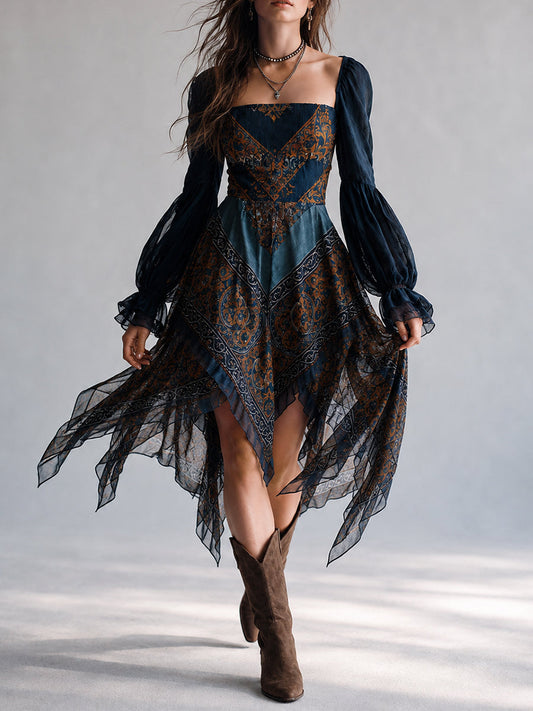 Bohemian Paisley Print Handkerchief Hem Dress