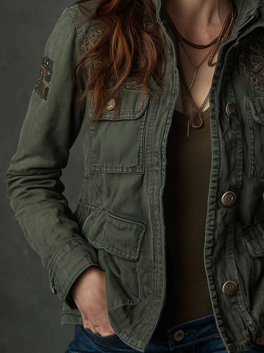 Bohemian Utility Embroidered Workwear Cotton Jacket