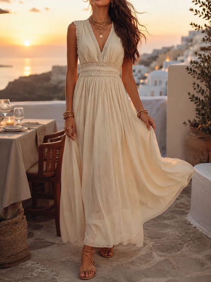 Boho Sandstone Ivory Lace-Trim Maxi Dress