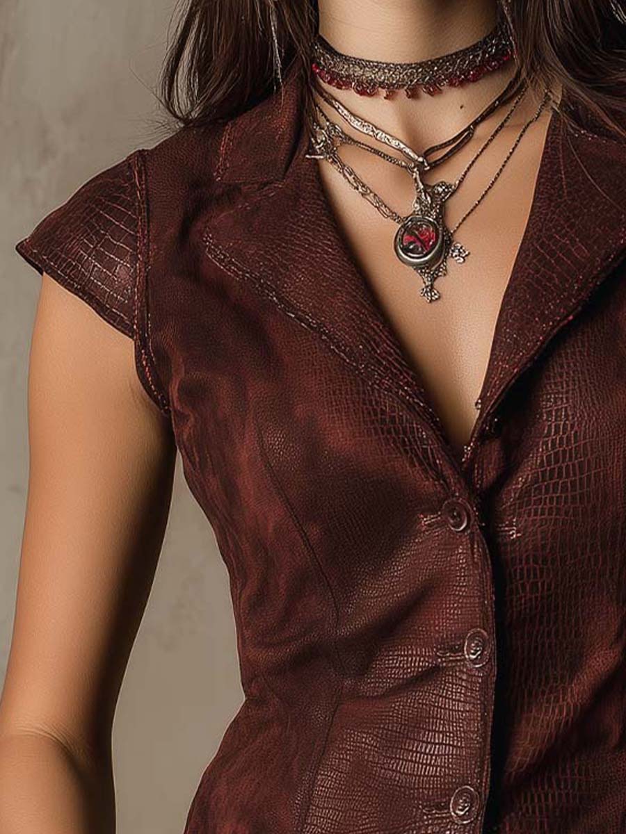 Burgundy Western Croc Embossed Faux Leather With Micro Suede Vest