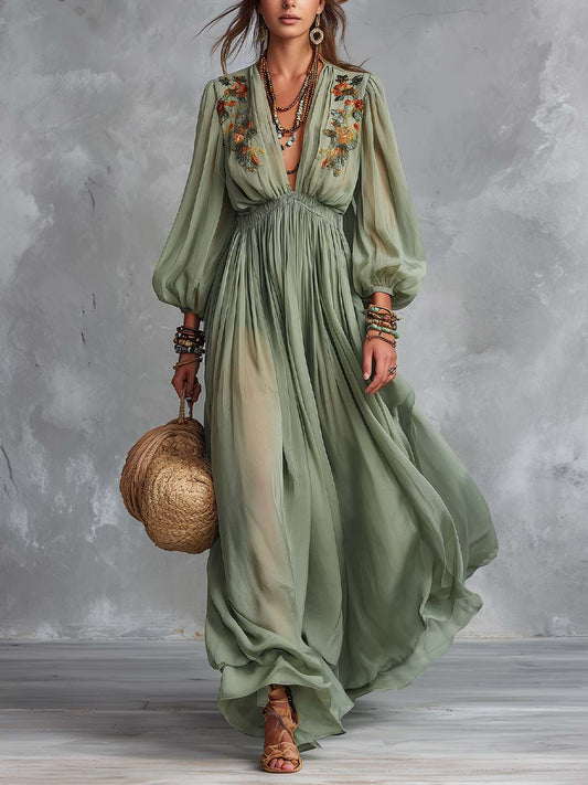 Boho-Vintage Elegant Embroidered Chiffon Maxi Dress